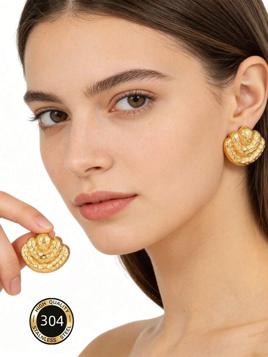 1 Pair Asymmetrical Textured Minimalist Stainless Steel Stud Earrings, Unique Fashion Versatile Design Suitable For Women's Holiday And Daily Wear - Gold - View 1