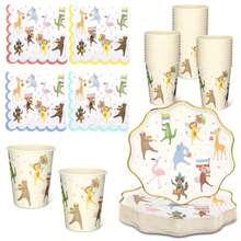 Juego de 150 piezas de suministros de fiesta de desfile de animales platos de papel y servilletas lindos juegos de vajilla desechables para decoración de fiesta de cumpleaños sirven a 50 - Color brillante - Ver 7