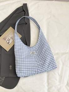 Stylish Casual Contrast Plaid Canvas Tote Bag, Large Capacity Commuter Personalized Lightweight Shoulder Bag - Blue - View 7