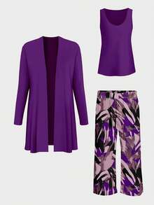3pcs Women's Fashionable Printed Commuting Outfit Set Vacation Spring Elegant Summer - Purple - View 3