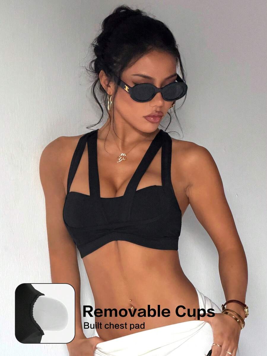 Women's Solid Color Removable Padded Mesh Patchwork Sports Knit Bra - Black - View 1