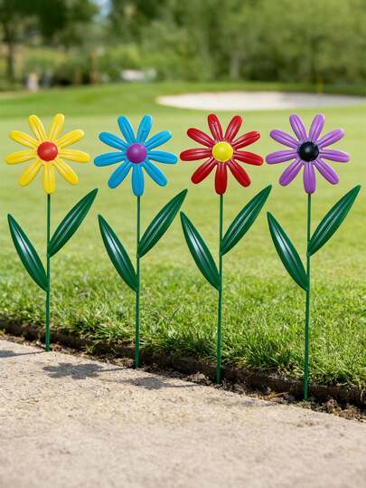 4 Stücke Metall Garten Dekorationsstäbe - Bunte, leuchtende Gänseblumen-förmige Outdoor Gartendekoration, wasserdicht und rostfrei, Gartenkunst geeignet für Rasen, Weg und Terrasse, perfekt für Frühlings- und Sommer-Outdoor-Dekoration