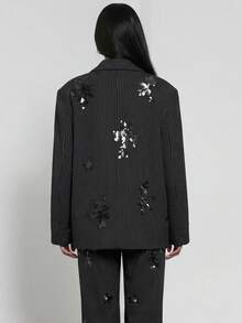 女士春夏职业竖条纹亮片刺绣西装外套，独特设计西装夹克 - 黑色 - 查看 8