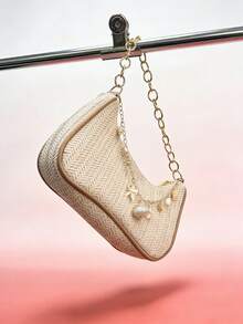Women's Beige Woven Shoulder Bag With Seashell Charm Crochet Underarm Purse Summer Beach Vacation Handmade Boho Bag For Party Daily 2026 - Beige - View 4
