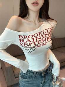 性感字母印花不对称肩部长袖T恤，美式修身露脐上衣，休闲白色春季款 - 白色 - 查看 1
