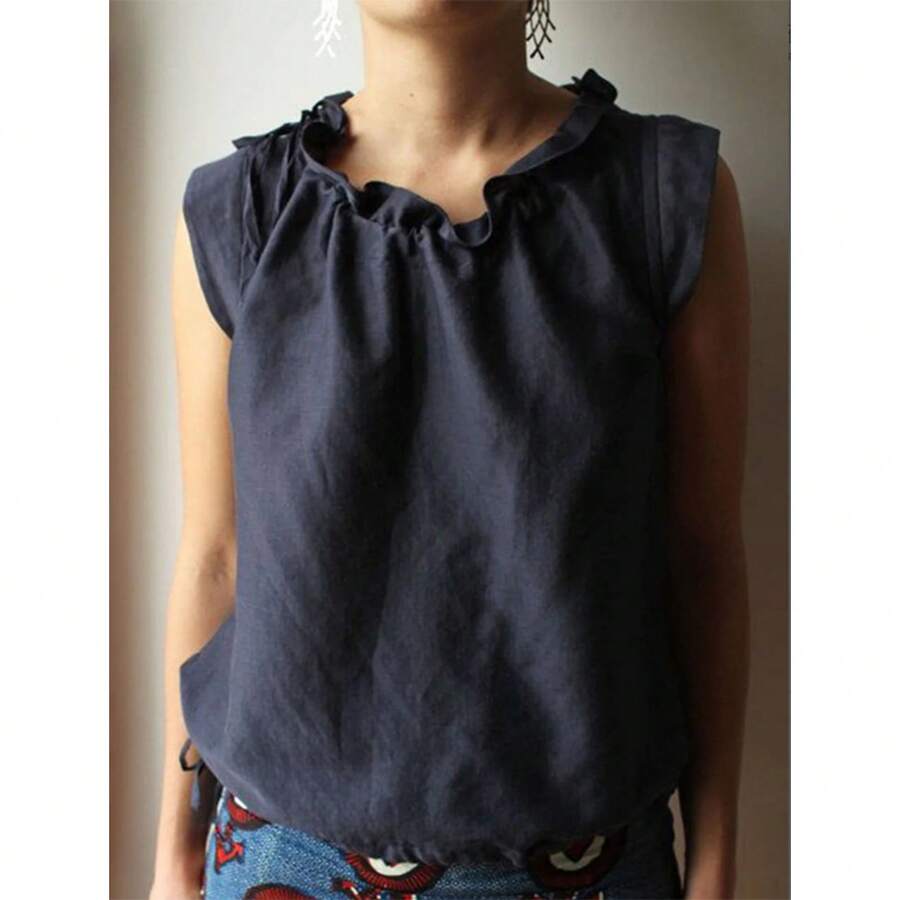 Casual Sleeveless Summer Top With Tie Neck In Solid Color Cotton And Linen - Dark Blue - View 1