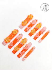 10pcs Handmade Wearable Nail Art, 55mm Long Coffin Shaped Nails, Pink Nails, Orange Nails, 3D Embossed Yellow Flowers, Pink Flowers, Gold Beads Decor, White Pearl 3D Flower Decor. Cute Nail Art Accessories, Spring Nail Accessories. - Multicolor - View 3