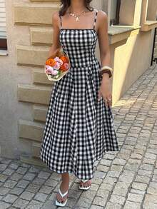 PoPoHouse Women's Cotton Gingham Print Midi Dress Sexy Backless Spaghetti Strap Square Neck Dress For Daily Casual Date Commute Summer Beach Vacation Going Out Outfit Black & White Gingham Dress - Black - View 9