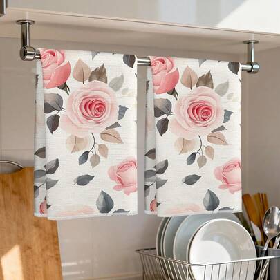 2pcs Pink Rose Print Kitchen Towels, 100% Polyester Kitchen Cleaning Cloths, Suitable For Restaurant, Kitchen And Home Decor; Quick-Drying, Lightweight, Fade-Resistant, Low-Shedding, Anti-Mildew, High Color Fastness, Size 40*60cm