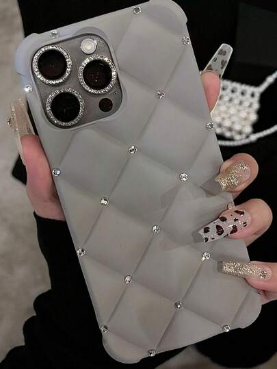 奢华亮面绗缝手机壳，兼容 17/15 Pro Max/13/14/12/11/16，附赠亮面挂绳