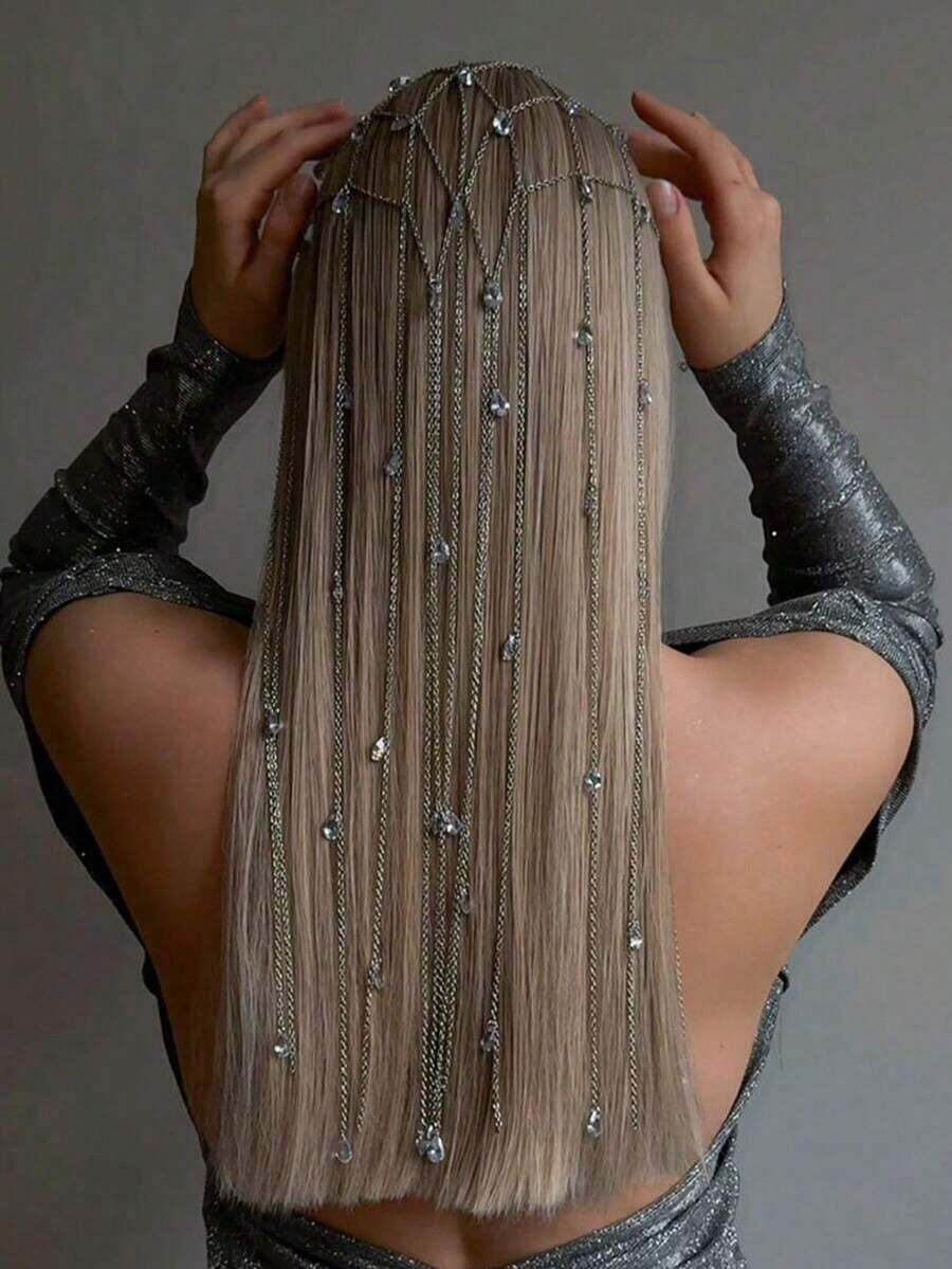 1pc New Stylish Net Tassel Decorated Headband, Elegant Women Hair Accessory Hair Chain Jewelry Pieces Jewelry Hair Jewelry Hair Vine Chain, Hair Jewellery, Wedding, Hair Accessories, Bride To Be, Party, Hair Accessories Women - 銀色 - 查看 1