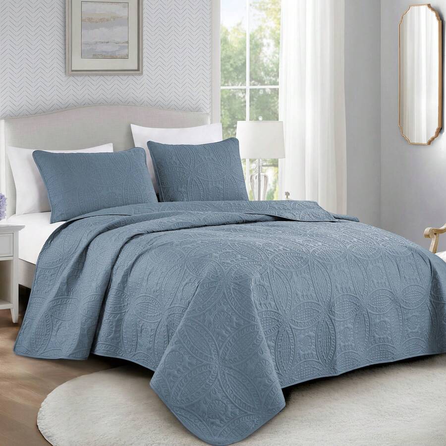 Austin Oversized Bedspread Set 3-Piece Ultrasonic Quilted Soft Lightweight Microfiber Coverlet For All Season - 灰藍色 - 查看 1