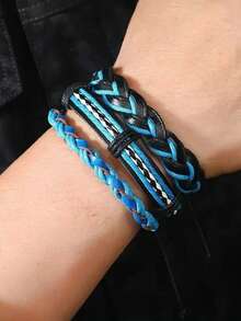 5条男士休闲蓝色编织PU皮手链，适合日常佩戴和聚会场合 - 藍色 - 查看 4