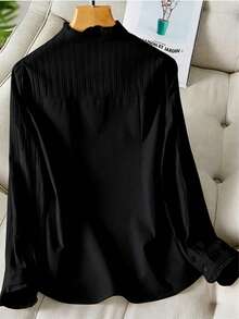 Áo sơ mi nữ màu trơn cổ đứng cài một hàng khuy, kiểu dáng thường ngày đa năng, màu đen. - màu đen - Xem 2