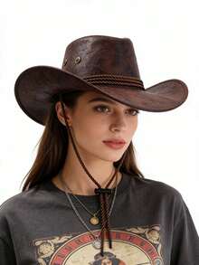 1 chiếc mũ cao bồi miền Tây cổ điển, kiểu dáng cũ kỹ, mũ da rộng vành che nắng unisex, thích hợp cho lễ hội âm nhạc, chụp ảnh, chống gió. - Nhiều màu - Xem 3
