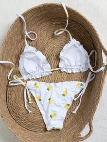 Bộ bikini tam giác viền bèo họa tiết chanh dành cho nữ, kiểu dáng buộc dây cổ hai mảnh, thích hợp cho kỳ nghỉ biển. - trắng - Xem 4