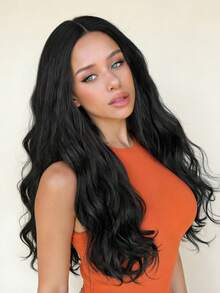 Long Synthetic Curly Wig With Middle Part Bangs, Women's Natural Wave Dark Brown Wig, Heat Resistant Fiber Material, Suitable For Cosplay - Black - View 10