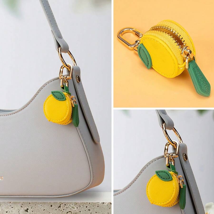 CHARM INFINITE Ví đựng tiền xu hình quả chanh mini tròn, móc khóa, túi nhỏ có khóa kéo, phụ kiện hình trái cây dễ thương.
