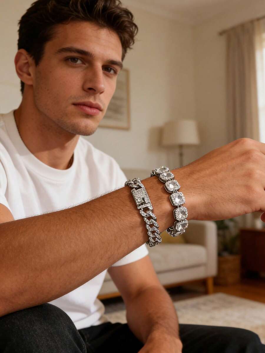 Xiacheng Cadena cubana de plata para hombres y mujeres, cadena de collar con diamantes, cadena con efecto de hielo, pulsera cubana de eslabones para hombres, joyería hip hop para hombres y mujeres, regalo de joyería - Plateado - Ver 1