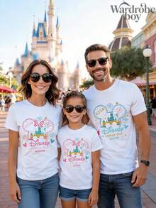 Disney 1PC Authorized Cartoon Short Sleeved T-Shirt, Cartoon Pattern Parent-Child Printed T-Shirt, Very Suitable For Family Travel And Vacation. This Is A New 2026 Short Sleeved T-Shirt, An Ideal Choice For Mother's Day, Suitable For Both Men And Women. Made Of High-Quality Pure Cotton, Comfortable And Breathable. Exquisite Design Is The Preferred Gift - 男人 - 查看 1
