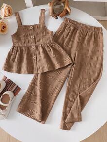 女童纹理吊带背心和阔腿裤两件套休闲套装，春夏款 - 棕色 - 查看 1