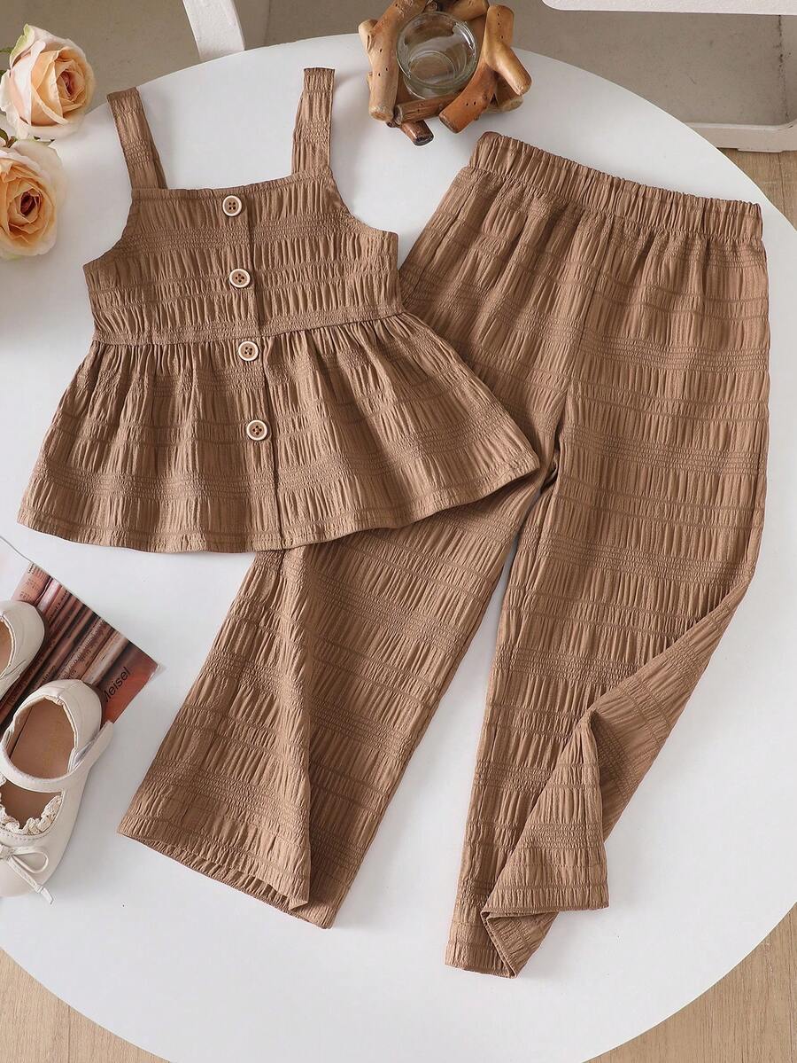 女童纹理吊带背心和阔腿裤两件套休闲套装，春夏款 - 棕色 - 查看 1