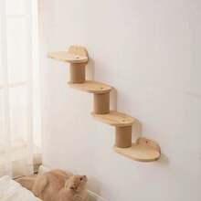 壁挂式木制猫吊床床带抓柱，剑麻猫树栖架，节省空间的壁挂式猫窝，无需占用地面空间 - 杏色 - 查看 1