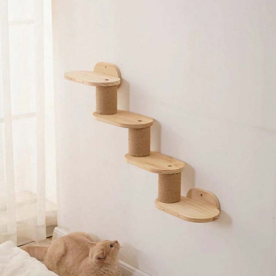 壁挂式木制猫吊床床带抓柱，剑麻猫树栖架，节省空间的壁挂式猫窝，无需占用地面空间 - 杏色 - 查看 1
