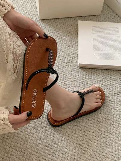 XIXITIAO French High-End Beaded Flip Flops For Women, Perfect For Home, Beach, And Vacation Wear