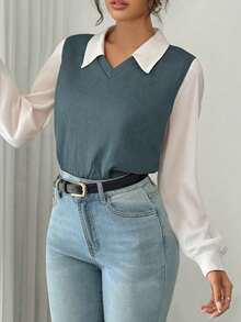 Blusa Falsa Dos Piezas con Cuello y Mangas Volantes - Estilo Preppy Versátil para Todas las Estaciones,Versión completa, estilo profesional para usar en el trabajo,DE INVIERNO! Top Corto de Manga Larga con Cuello en V, Precio Bajo ¡No Te Lo Pierdas!¡Últimas Piezas!Oferta Especial de Fin de Temporada - Azul - Ver 2