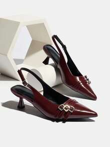 Women's Stiletto High Heels With Ankle Strap, Low Vamp Backless Slip-On Buckle Spring Shoes, Suitable For Party, Casual, Business, Work, Elegant And Comfortable Fashion Wine Red Pointed Toe Pumps - Burgundy - View 4