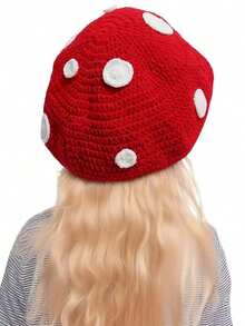 1pc Women's Handmade Crochet Mushroom Beanie Hat, Cute Little Red Riding Hood Style, Warm Knitted Cap For Autumn/Winter, Casual & Party Wear Autumn Accessories, Halloween - Đỏ - Xem 2