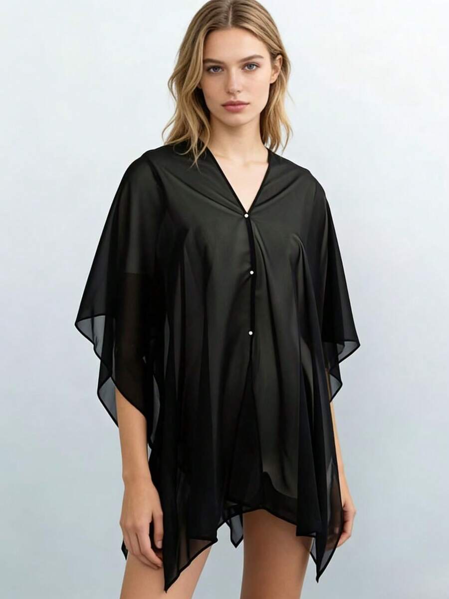 1 Pc Women's Chiffon Bead Scarf Shawl, Dress, Wedding Party, Elegant Summer Outdoor Outfit Bohemian Style - Black - View 1