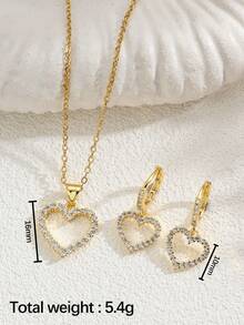 2pcs Heart-Shaped Pendant Necklace And Earrings Set, Gold-Tone With Rhinestone Decor, Suitable For Women's Workplace, Daily, Business, And Date Occasions, Can Be Given As A Gift On Wedding Anniversary - Gold - View 7