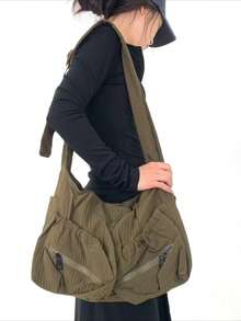 Ladies' Fashionable Multi Pocket Zipper Crossbody Bag, Casual Minimalist Quilted Shoulder Bag, Large Capacity Solid Color Handbag - Green - View 10