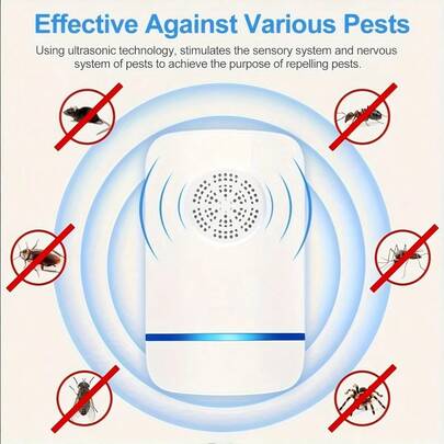 超声波智能变频驱虫器，ABS外壳，物理驱虫，低功耗，静音低噪音，驱赶多种害虫，适用于家庭、厨房、办公室、酒店、仓库等场所，有效驱赶室内害虫、蚊子和啮齿动物。