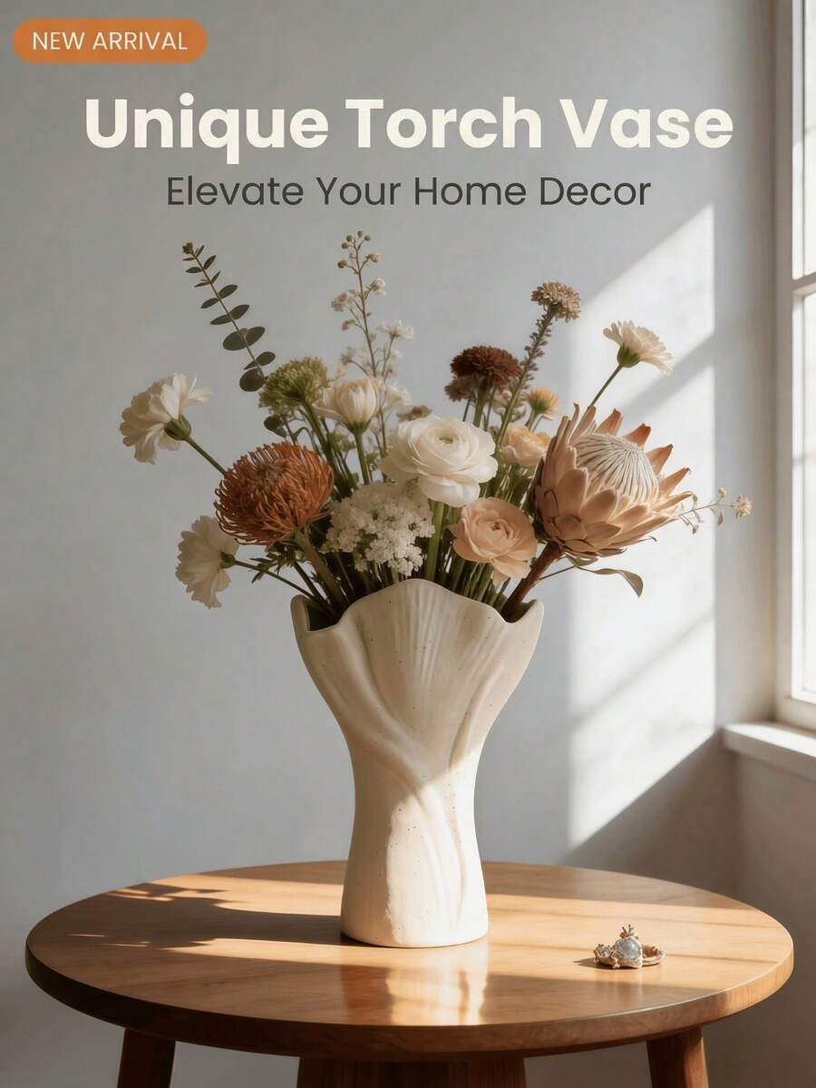 1pc Unique Torch-Shaped Decorative Vase, Modern Sculptural Vase, Suitable For Home Living Room Bedroom Dining Room Kitchen Bathroom Office Entryway Shelf Tabletop Decor, Wedding Bridal Shower Party Holiday Floral Arrangement, Asymmetrical Wavy Edge, Artistic Silhouette, Minimalist Farmhouse Home Decor Accent, Indoor Tabletop Flower Holder - Multicolor - View 1
