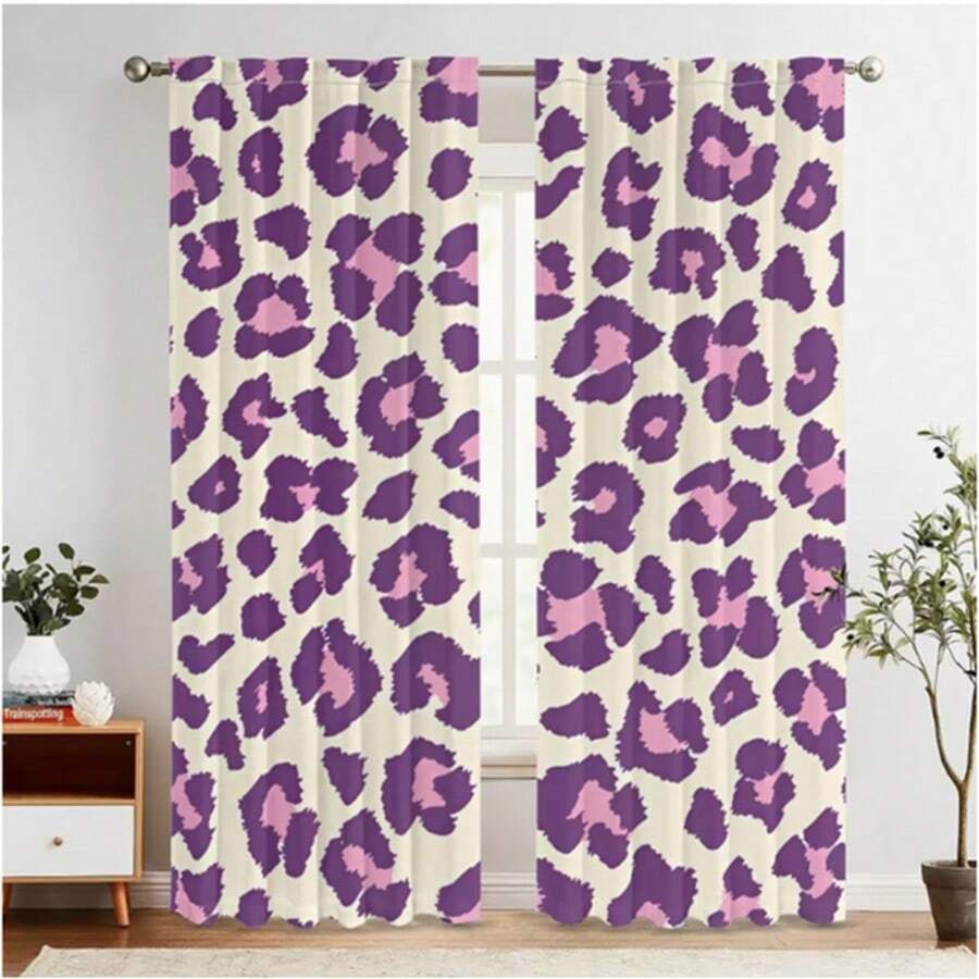 2pcs Purple Leopard Print Sheer Curtains - Semi-Transparent Polyester Curtains With Rod Pocket Design, Machine Washable, Suitable For Kitchen And Bedroom Decor, Kitchen Curtains | Luxury Room Decor | Jacquard Woven Polyester, Living Room Curtains - 2pcs - View 1