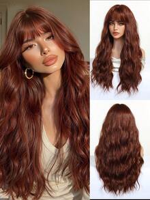 Peluca Larga Ondulada Multicapa De 26 Pulgadas En Color MarróN-Rojo Con Flequillo Aireado - Cabello SintéTico Resistente Al Calor, Gorra De Red De Rosa Transpirable, Textura Sedosa Natural, Adecuada Para Mujeres A La Moda, Fiestas, Vacaciones, Viajes, Regalos De Navidad Y Halloween Para NiñAs - Marrón - Ver 2