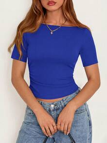Fall New Arrival Women's Long-Sleeve Top Crop-Top Style Casual Outerwear Boat Neck With Bell Sleeves Ribbed Pleated Design Millennial-Inspired Fashion - Xanh hoàng gia - Xem 1