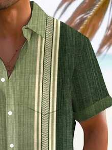 Retro Geometric Bowling Colorblock Textured Print Men's Lightweight Loose Button Pocket Short Sleeve Shirt - Dark Green - View 4