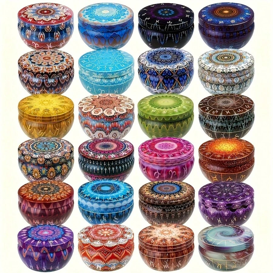 10 piezas de tarros de vela de hierro con tapas, 2.2 Oz Contenedores vacíos para hacer velas con estampado multicolor, tarros de almacenamiento de dulces DIY, regalos para fiestas, decoración del hogar y la habitación, set de colores mixtos