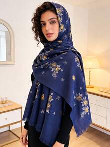 1件复古波西米亚风竹节纱线印花流苏头巾，金色花朵箔片装饰，柔软材质，多功能防晒/防风头巾披肩，适合日常生活/节日派对/宴会等场合。 - 彩色 - 查看 16