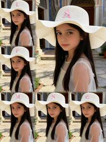 1顶女童A-Z粉色花朵字母白色优雅草帽宽檐防晒时尚外出/度假 - 白色 - 查看 1