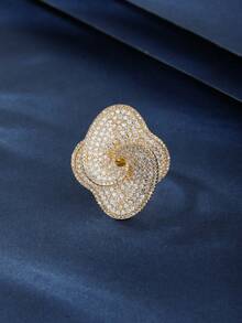 Copper Zirconia Material Flower Shaped Women's Large Ring, Fashionable & Charming, Suitable For Gifting, Daily Wear - Yellow Gold - View 7