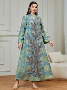 Đầm maxi Kaftan dài tay cổ chữ V mới dành cho nữ trong tháng Ramadan, đầm Jalabiya thêu đính cườm cầu kỳ, sang trọng cho lễ Eid Al-Fitr. - màu xanh lá - Xem 4