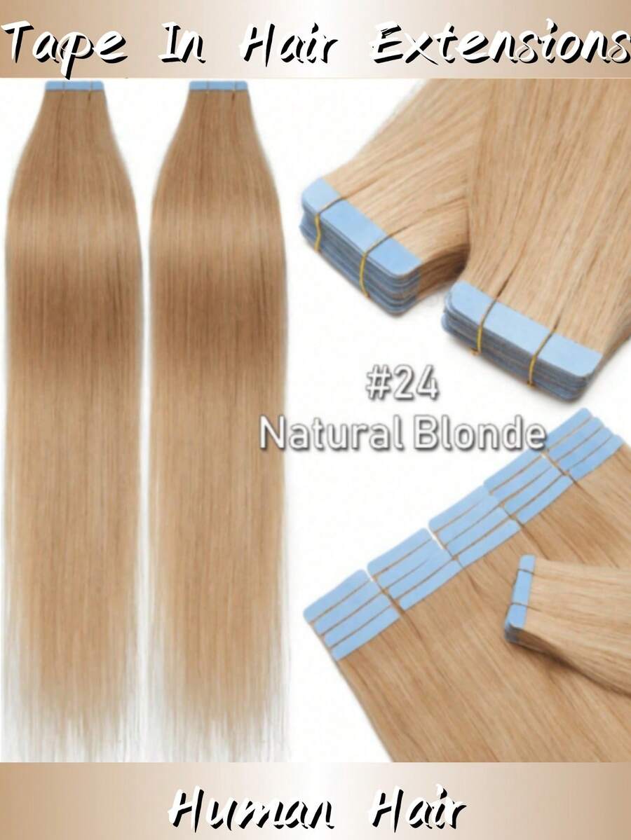 Lsybeauty Thick Tape In Human Hair Extensions ,Seamless  Skin Weft Extensions ,Remy  Human Hair,Multicolor  Color,Silky Straight For Fashion Women  ,16-26inch ,Easy To Apply (24# Natural Blonde,50g 20pcs/Package) - S24 - 查看 1