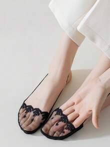 4 Pairs Women Lace Non-Slip Invisible Boat Socks, Suitable For Flats And High Heels (No Cardboard) - Multicolor - View 3