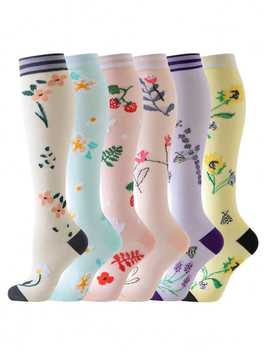 Vớ nén nữ họa tiết hoa và ong dễ thương (ngẫu nhiên/1/3/6 đôi), thấm hút mồ hôi, thoáng khí, thích hợp cho chạy bộ, leo núi và mặc thời trang. - Nhiều màu - Xem 1