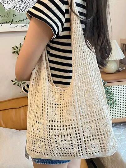 Minimalist Hollow Crochet Design Tote Bag, Large Capacity And Portable, Suitable For Teenagers, Women, College Students, Office Workers, Ideal For Work, Back To School, Middle School, High School, University And Various Occasions. This Lightweight And Classic Casual Bag Is Perfect For Youth, Women, College Students For Vacation, Holidays, Outdoor Activities, Travel, And Outings. It Can Also Serve As A Must-Have Beach Item, Summer Essential, And The Latest Holiday Bag.